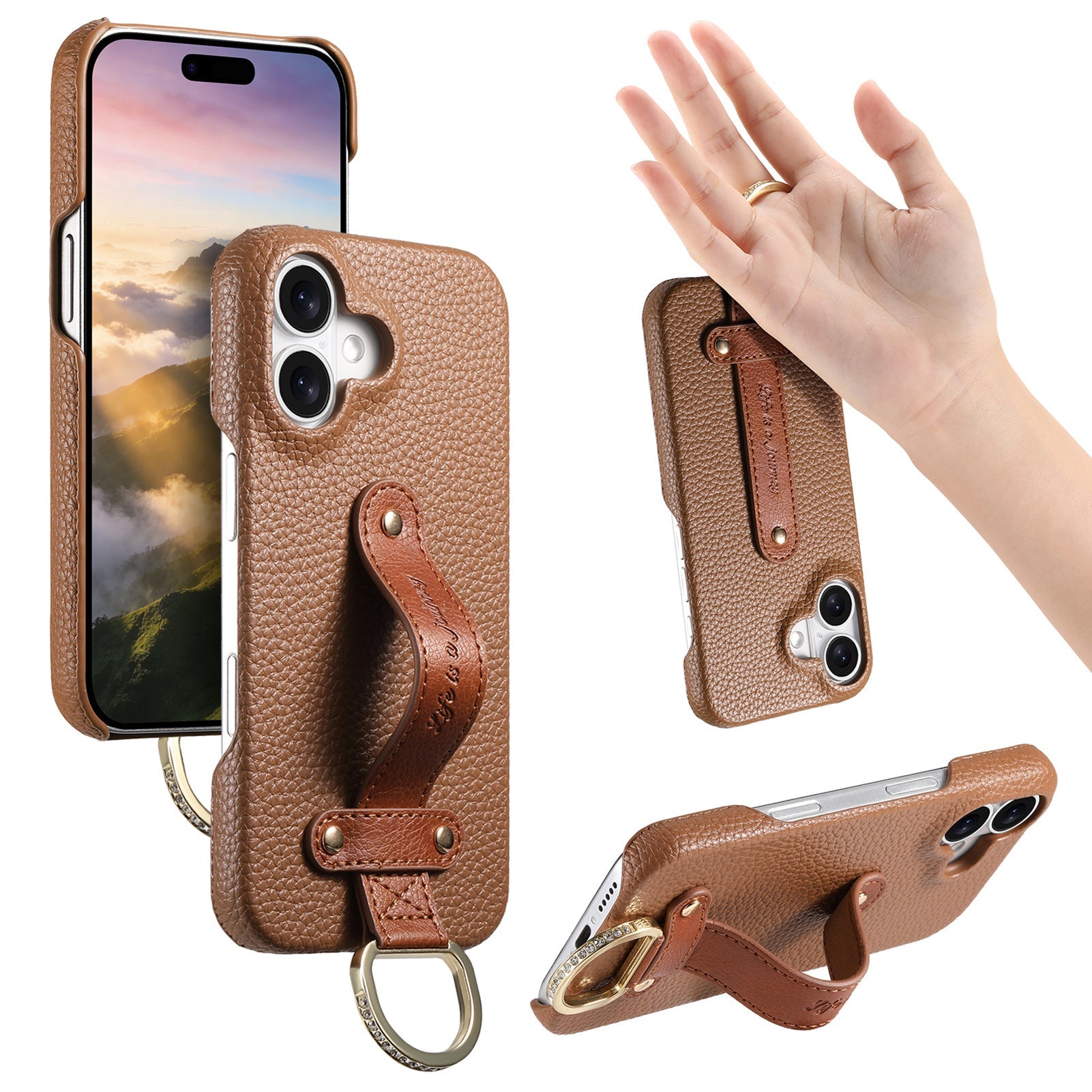 iPhone 17 Pro Max lychee texture protective case with wrist strap