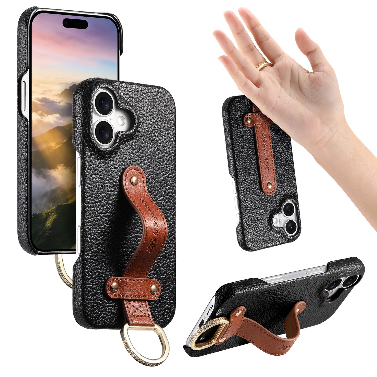 iPhone 17 Pro Max lychee texture protective case with wrist strap